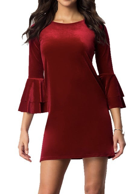 VELVET DOUBLE FLOUNCE 3/4 SLEEVE PARTY DRESS