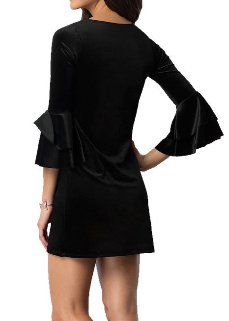 VELVET DOUBLE FLOUNCE 3/4 SLEEVE PARTY DRESS