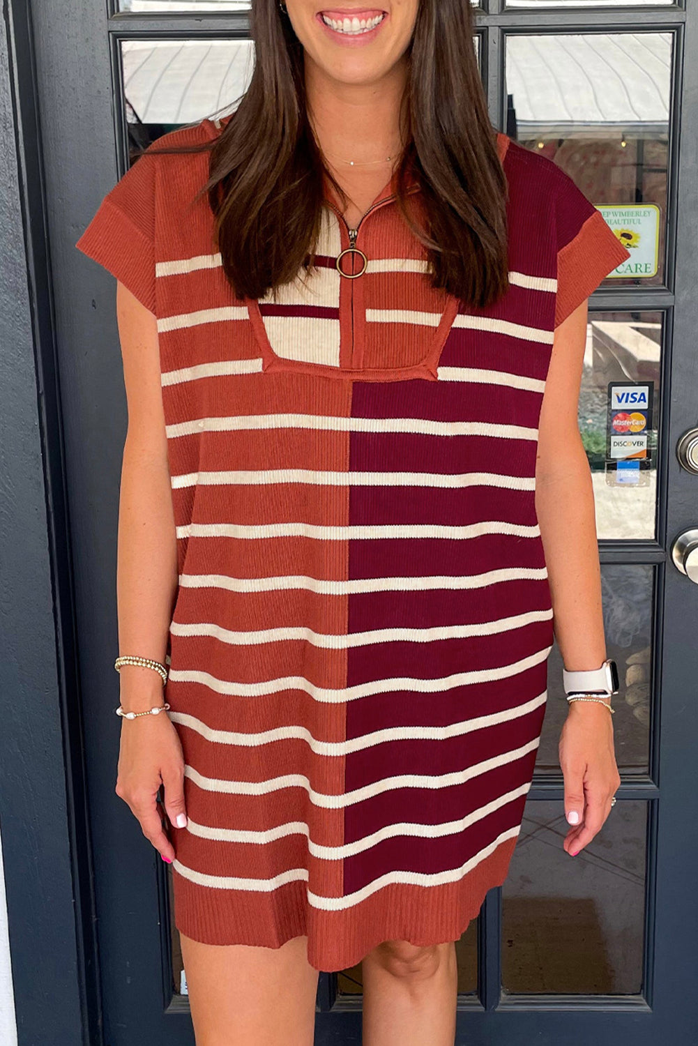 Khaki Stripe Color Block Short Sleeve Quarter Zip Mini Dress