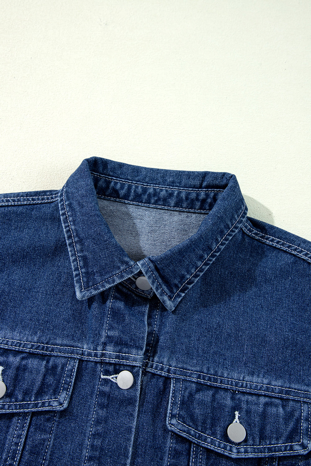 Beau Blue Ruffle Raw Hem Flap Pockets Denim Jacket