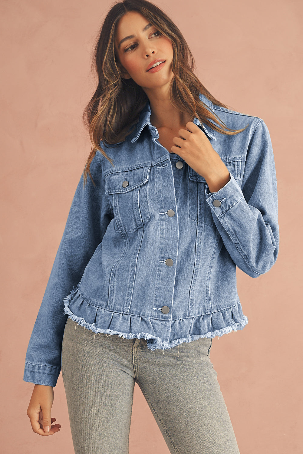 Beau Blue Ruffle Raw Hem Flap Pockets Denim Jacket