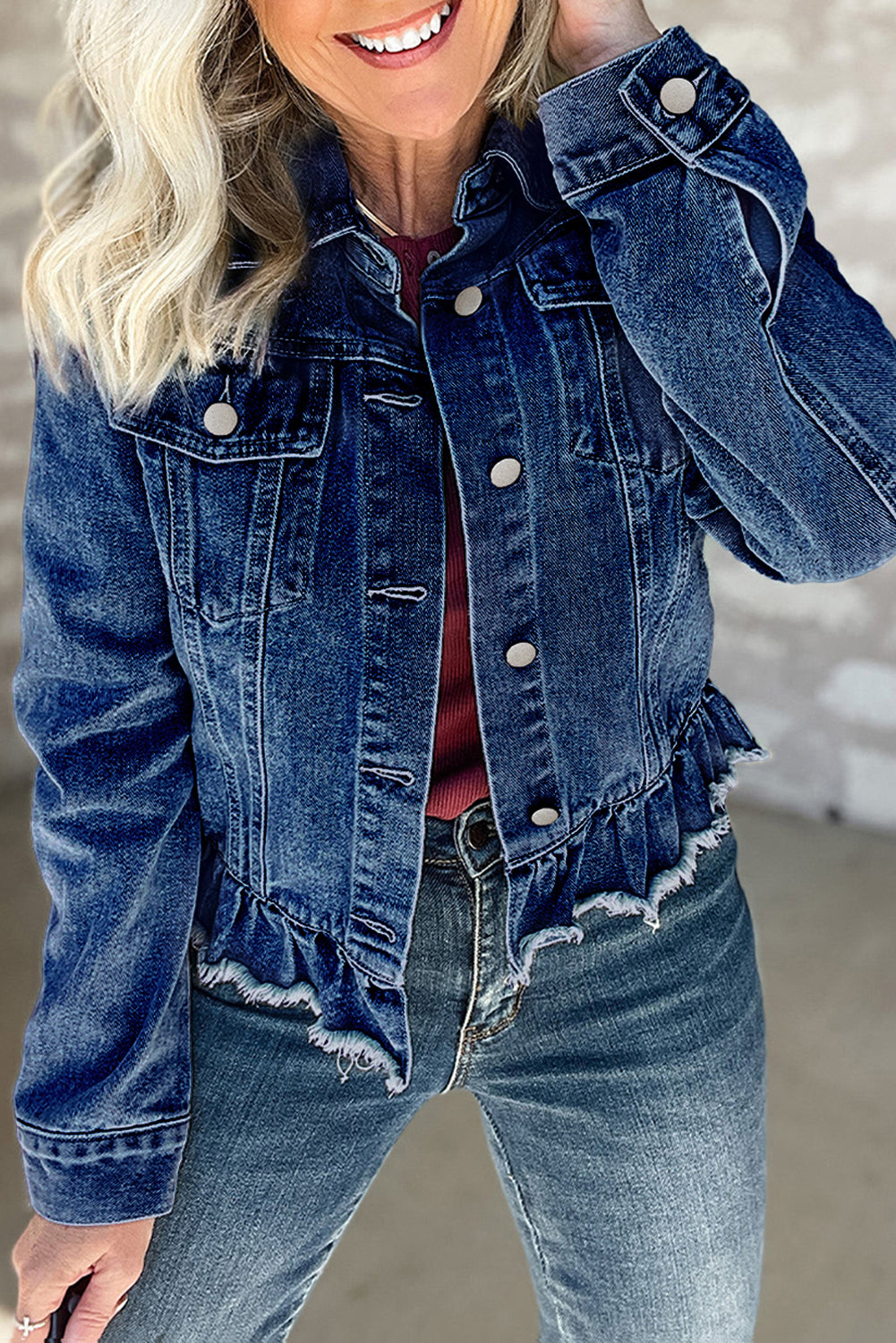 Beau Blue Ruffle Raw Hem Flap Pockets Denim Jacket