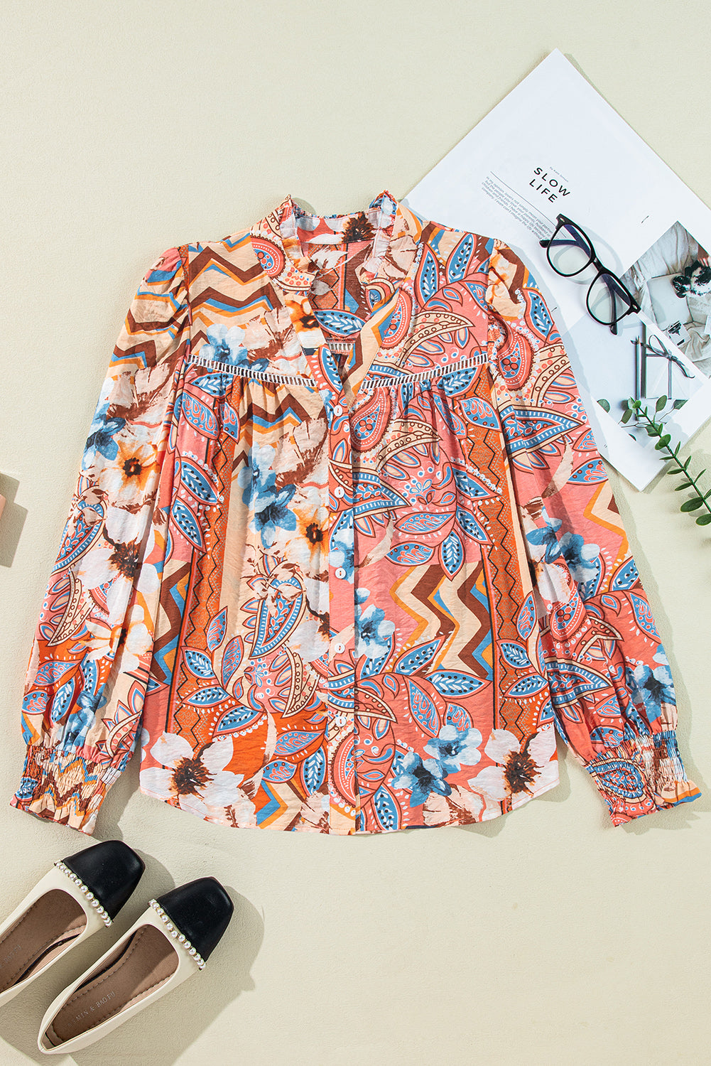 Orange Floral Print Shirred Cuff Buttoned Loose Fit Shirt