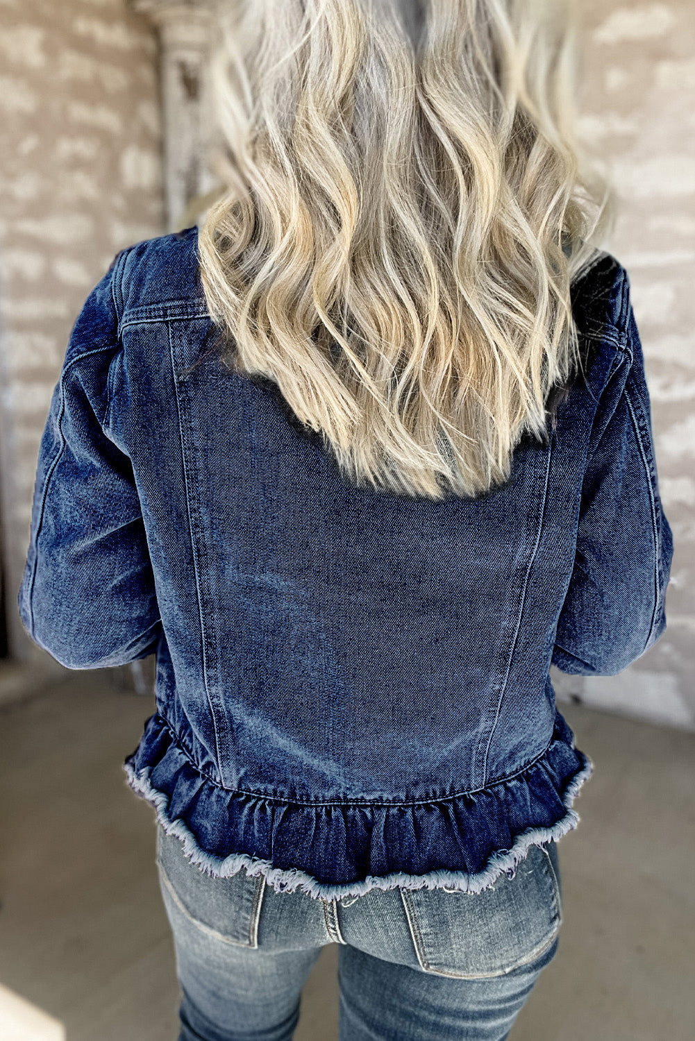 Beau Blue Ruffle Raw Hem Flap Pockets Denim Jacket