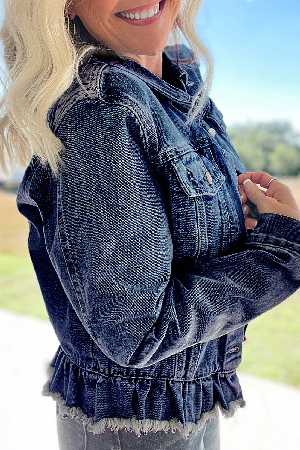 Beau Blue Ruffle Raw Hem Flap Pockets Denim Jacket