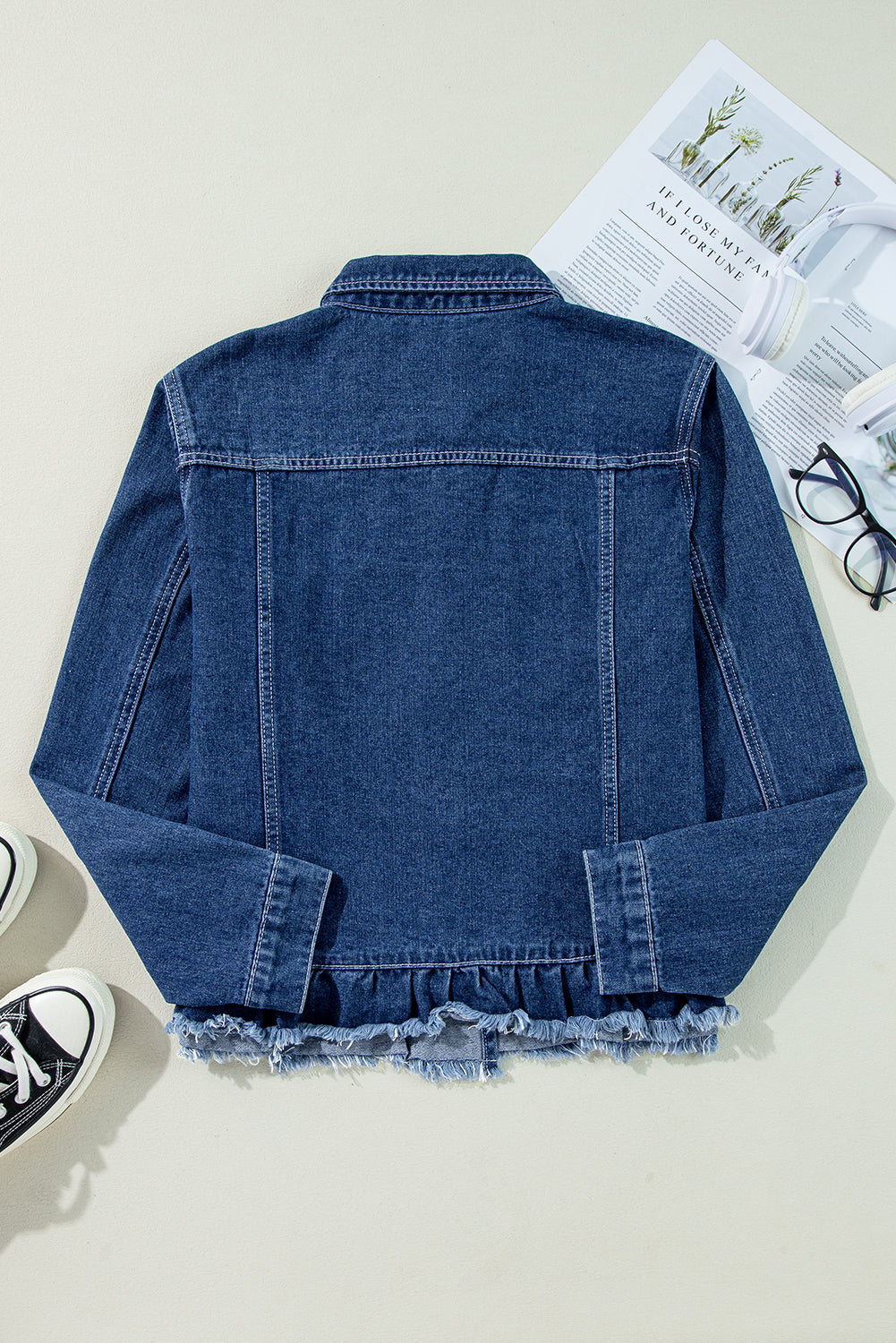 Beau Blue Ruffle Raw Hem Flap Pockets Denim Jacket