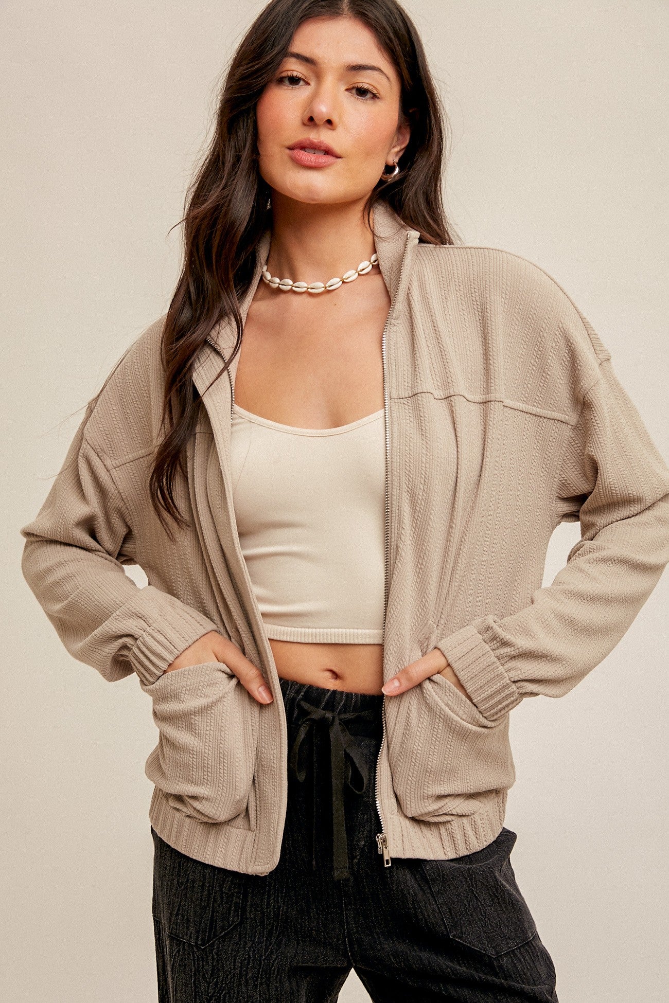 High Collar Zipper Front Bomber Jacket