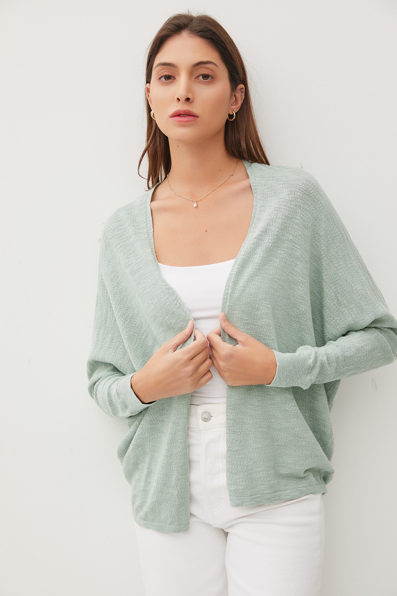 Open Front Dolman Sleeve Cardigan-Sage