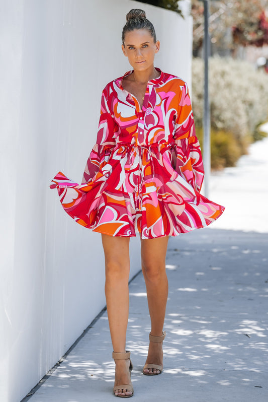 Magenta Print Balloon Sleeve Dress