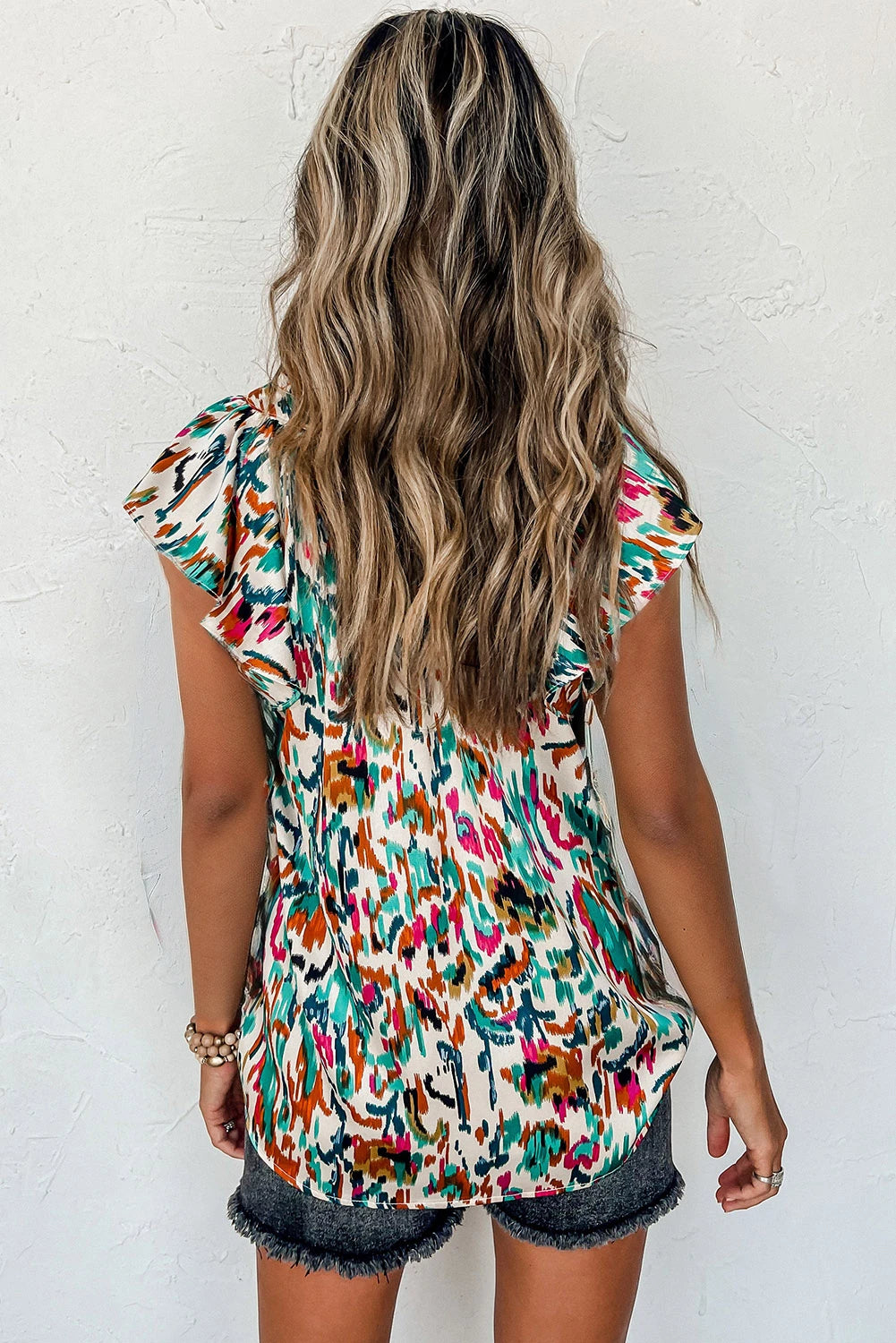 Abstract Print Ruffle Sleeve Blouse