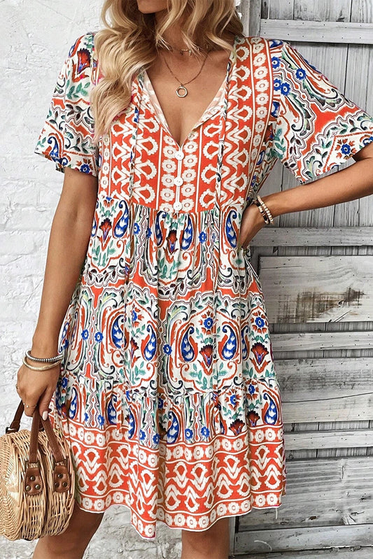 Orange Bohemian Ruffle Hem Dress