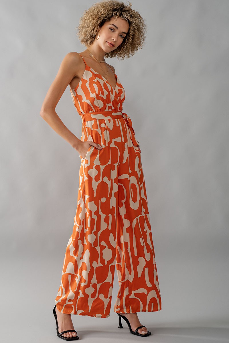 Orange V Neck Print Jumpsuit