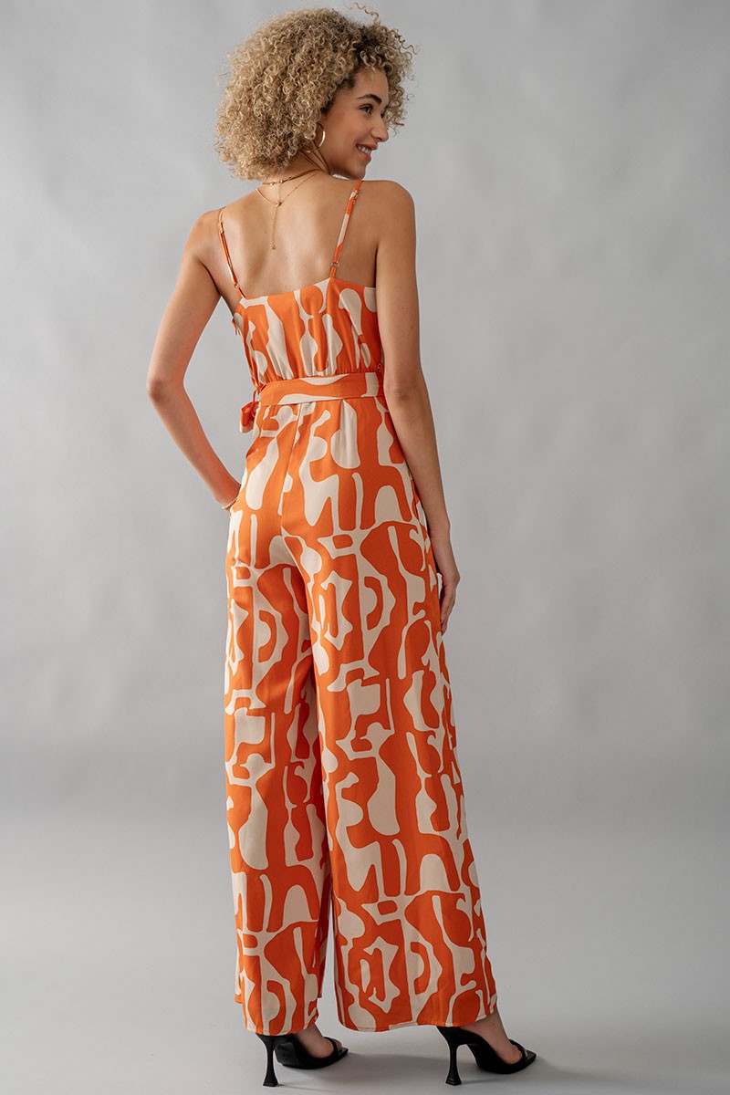 Orange V Neck Print Jumpsuit