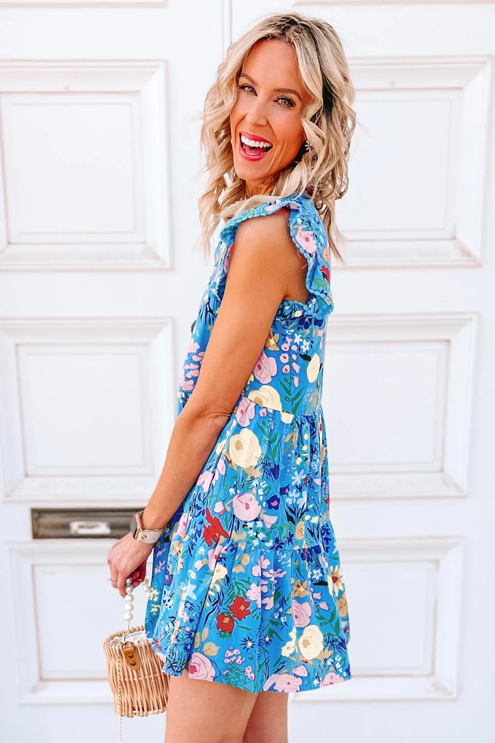 Sky Blue Floral Flutter Sleeve Dress