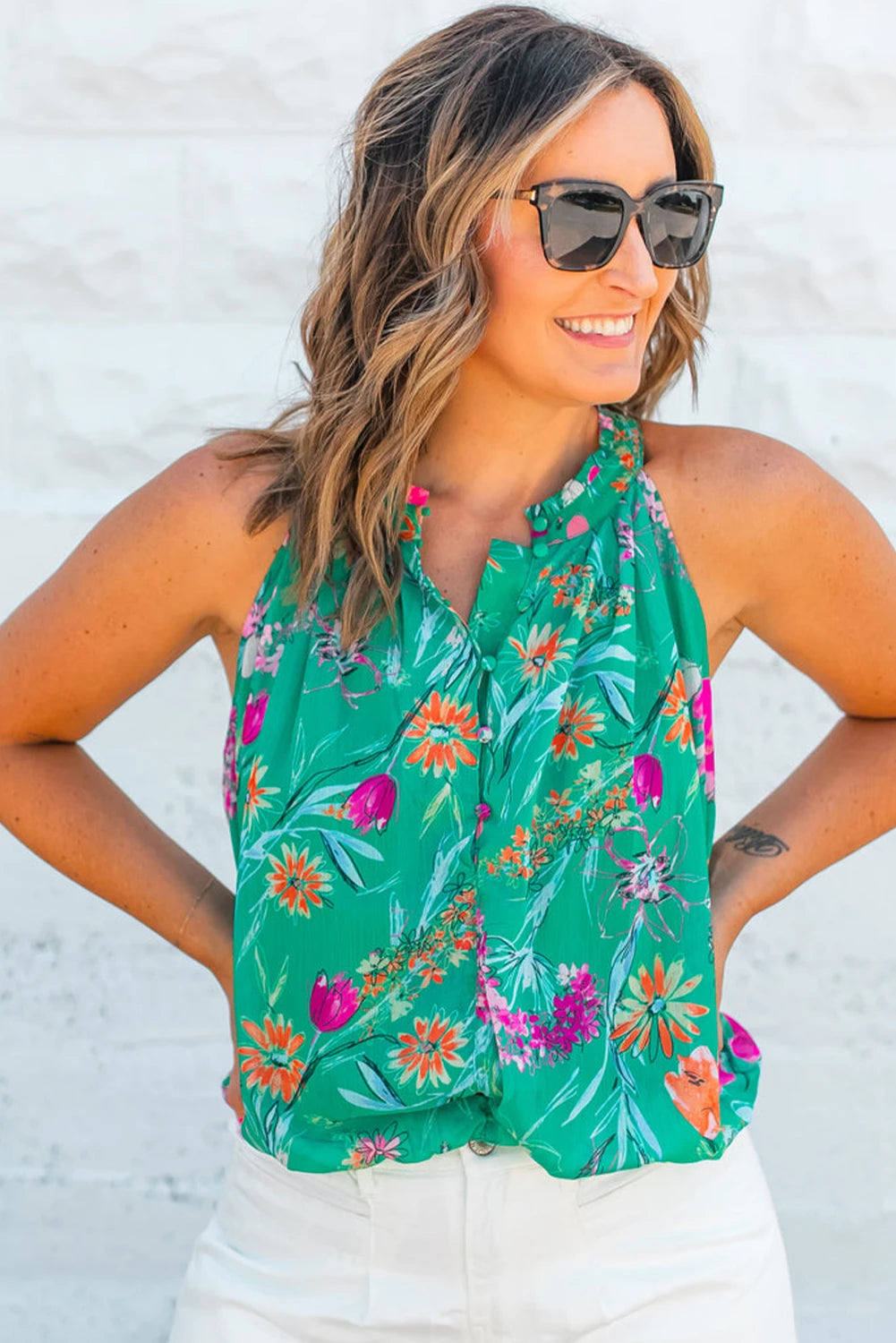 Green Boho Floral Print Button Front Top