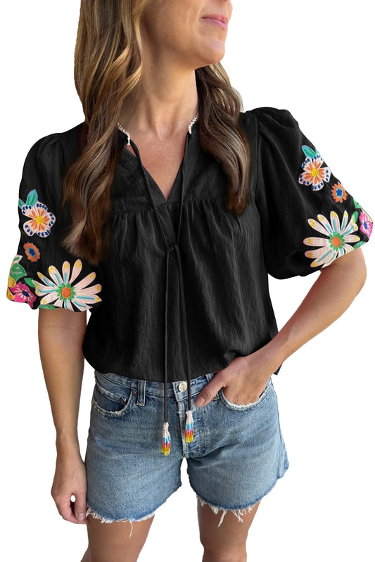 Black Floral Embroidered Puff Sleeve Top