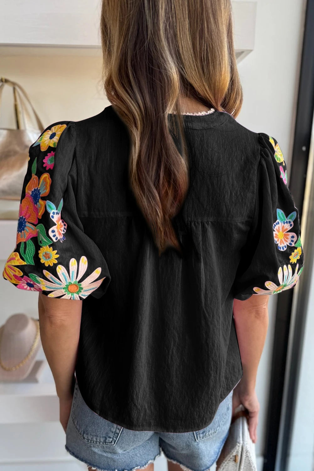 Black Floral Embroidered Puff Sleeve Top