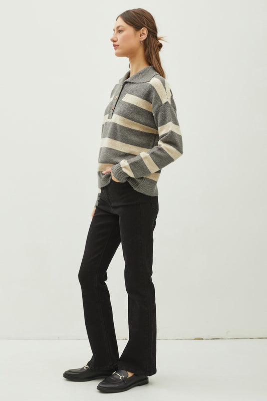 Quarter Button Striped Sweater