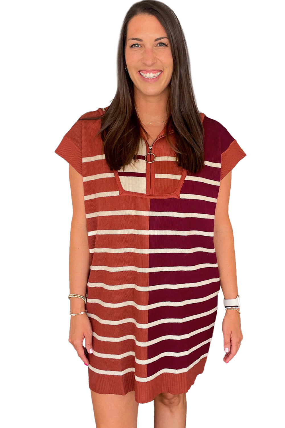 Khaki Stripe Color Block Short Sleeve Quarter Zip Mini Dress