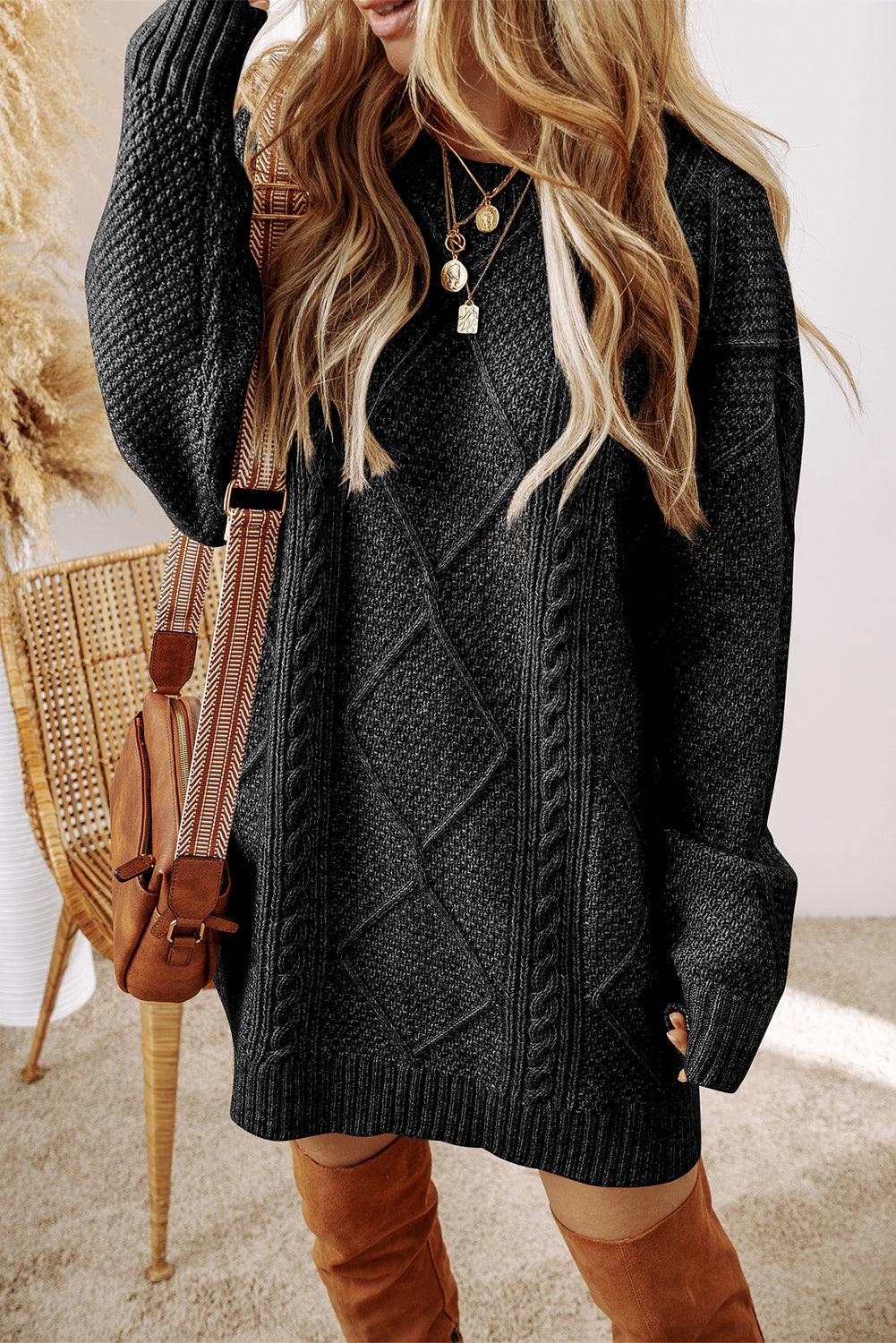 Black Twist Cable Knit Drop Shoulder Loose Fit Sweater Dress