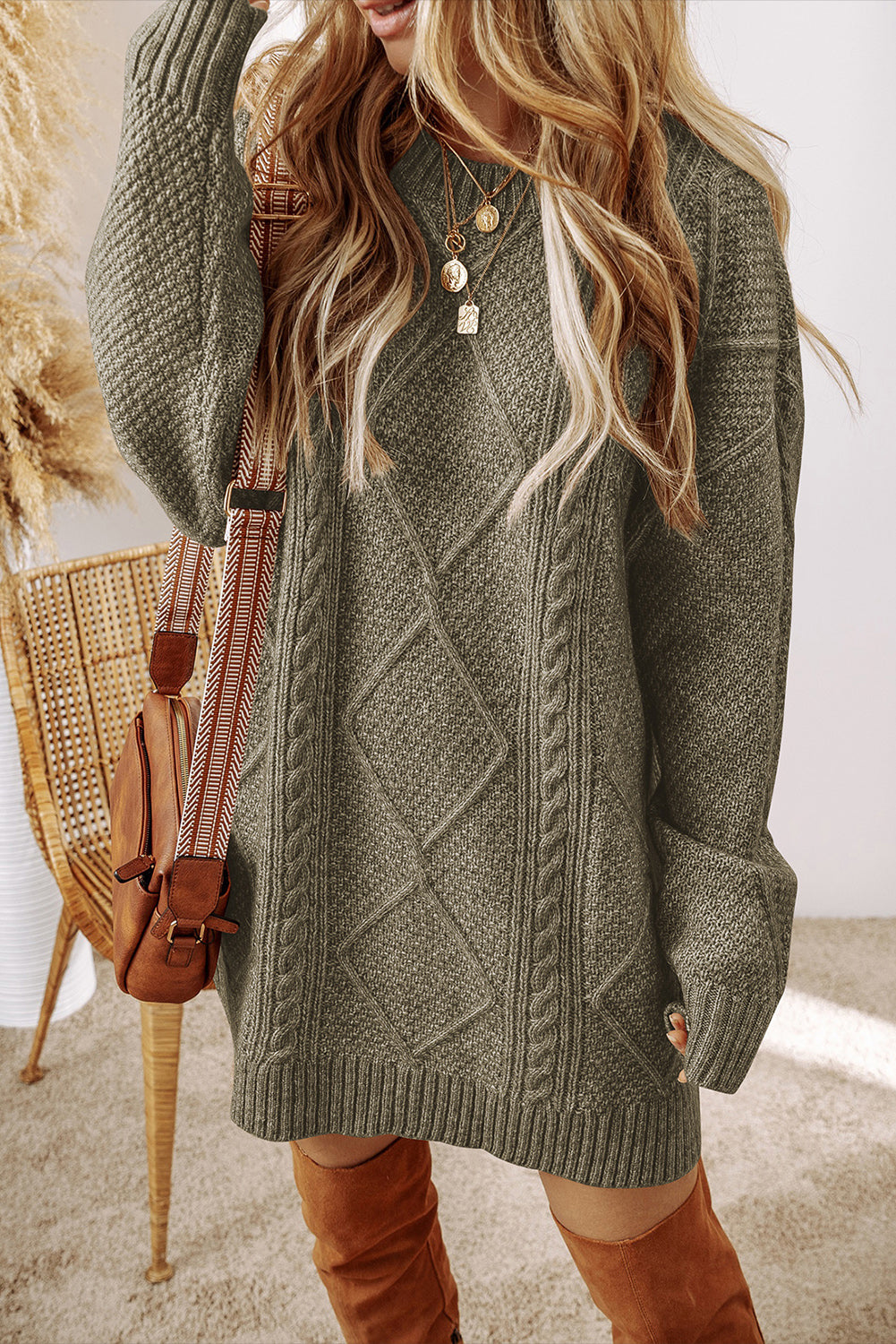 Black Twist Cable Knit Drop Shoulder Loose Fit Sweater Dress